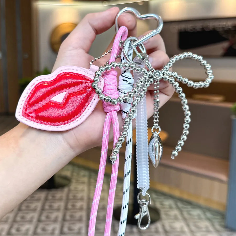 Cute Metal Keychain Pendant Beaded Bookbag Girl's Bag Charm  Style Cartoon Design Half Handmade Flower