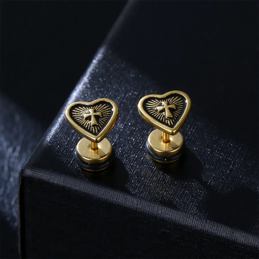 hip-hop cross heart shape stainless steel plating ear studs 1 pair