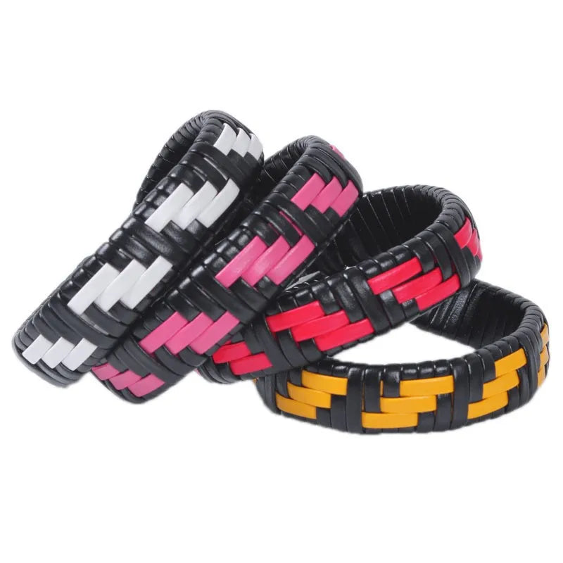 hip-hop color block pu leather knitting men's wristband