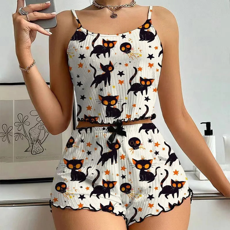 Halloween  Printed Sleeveless Sling Top Women's Suit Spice Girls Short Sexy Sling Sling Shorts for Hair