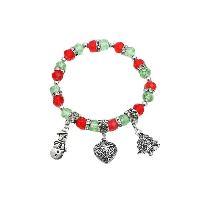 Handmade European Christmas Tree Beaded Bracelet Vintage Cute Snowman Silver Metal Bangle Women's Fashion Jewelry Accessory
