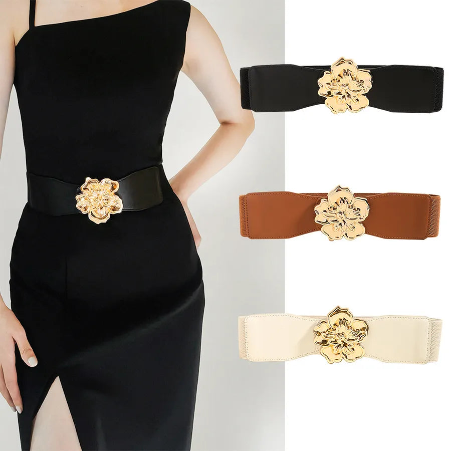 elegant flower pu leather elastic band women's leather belts
