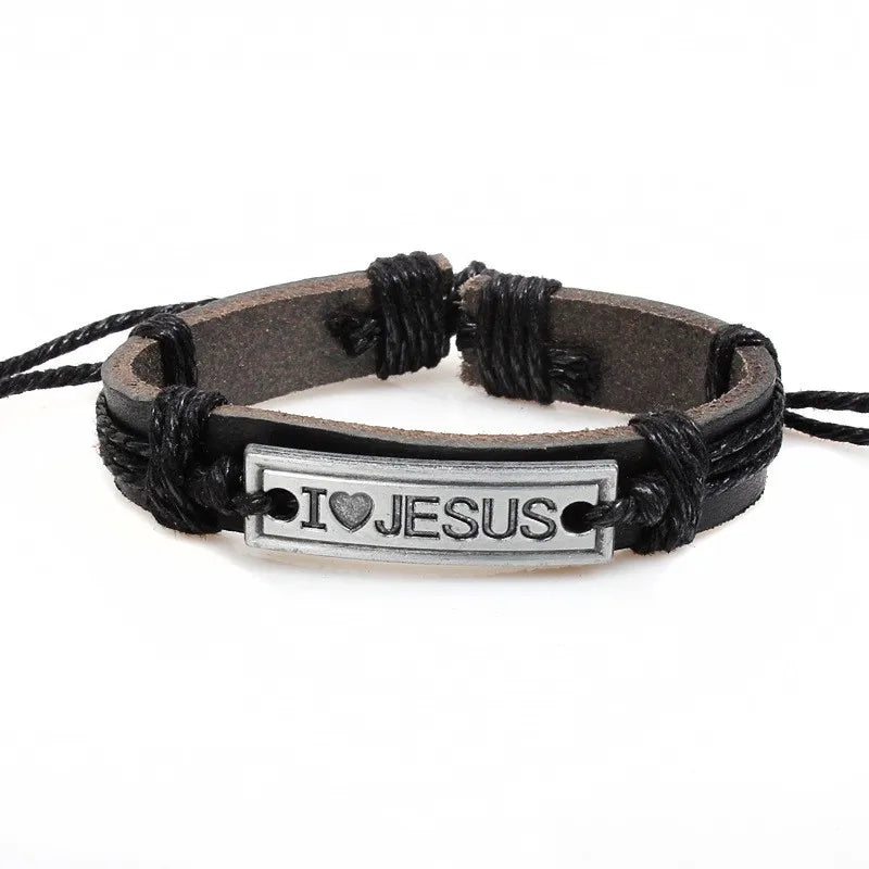 handmade simple style letter alloy leather knitting women's men's bracelets