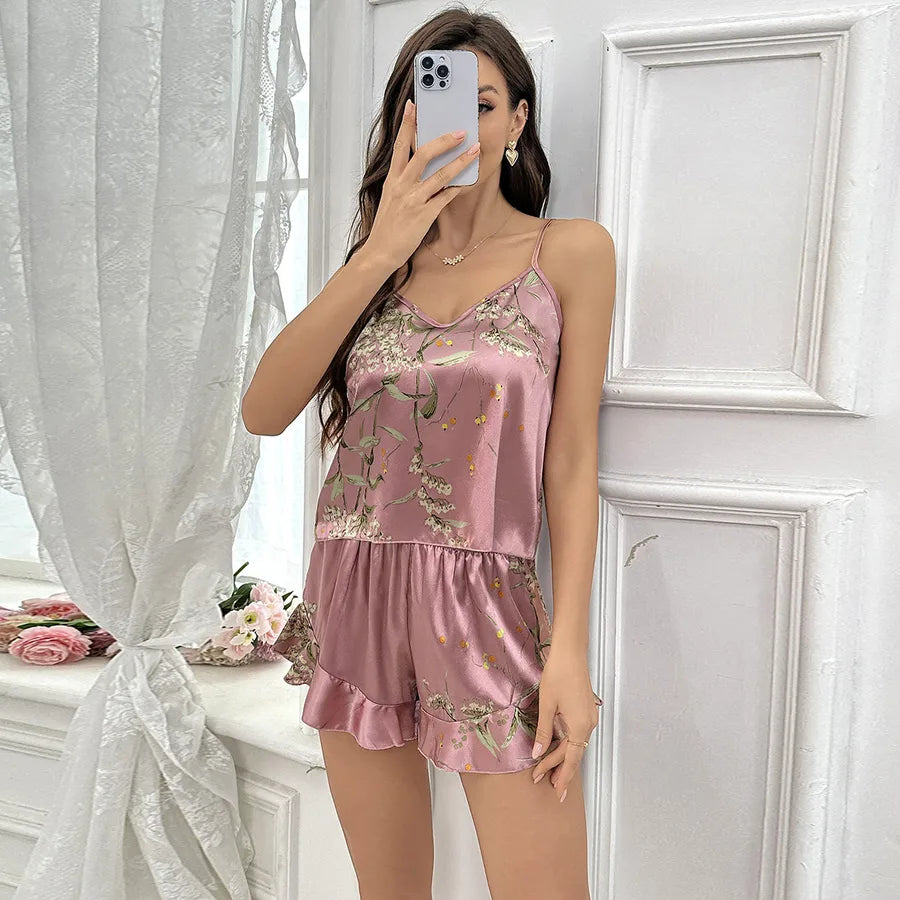 Home Women's Vintage Style Sexy Plant Imitated Silk Polyester Shorts Sets Pajama Sets
