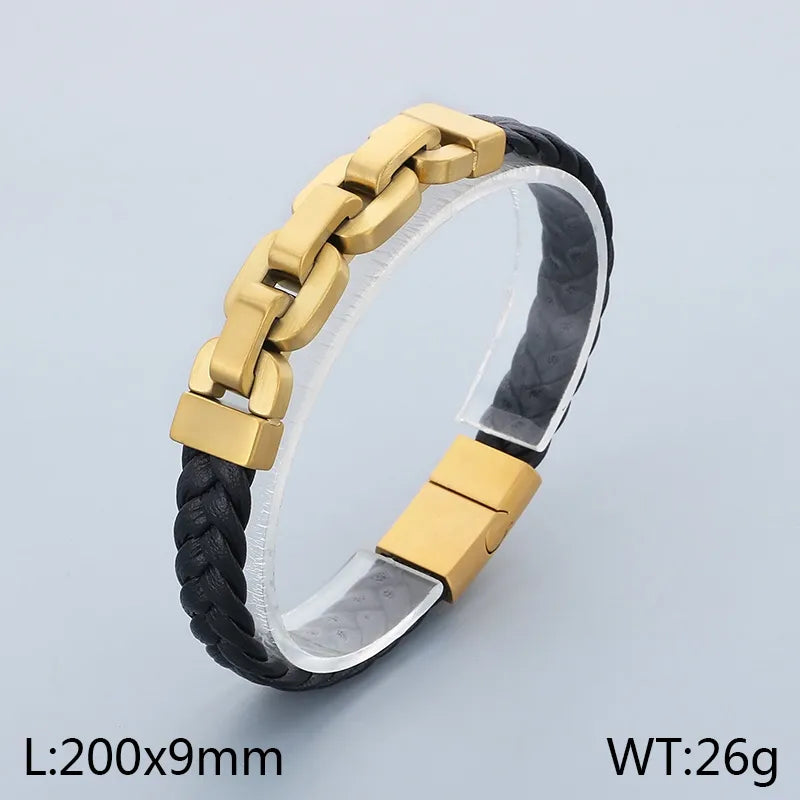 Business Geometric 304 Stainless Steel Microfiber Leather 18K Gold Plated Men's Bangle Men Cord & Leather Bracelets