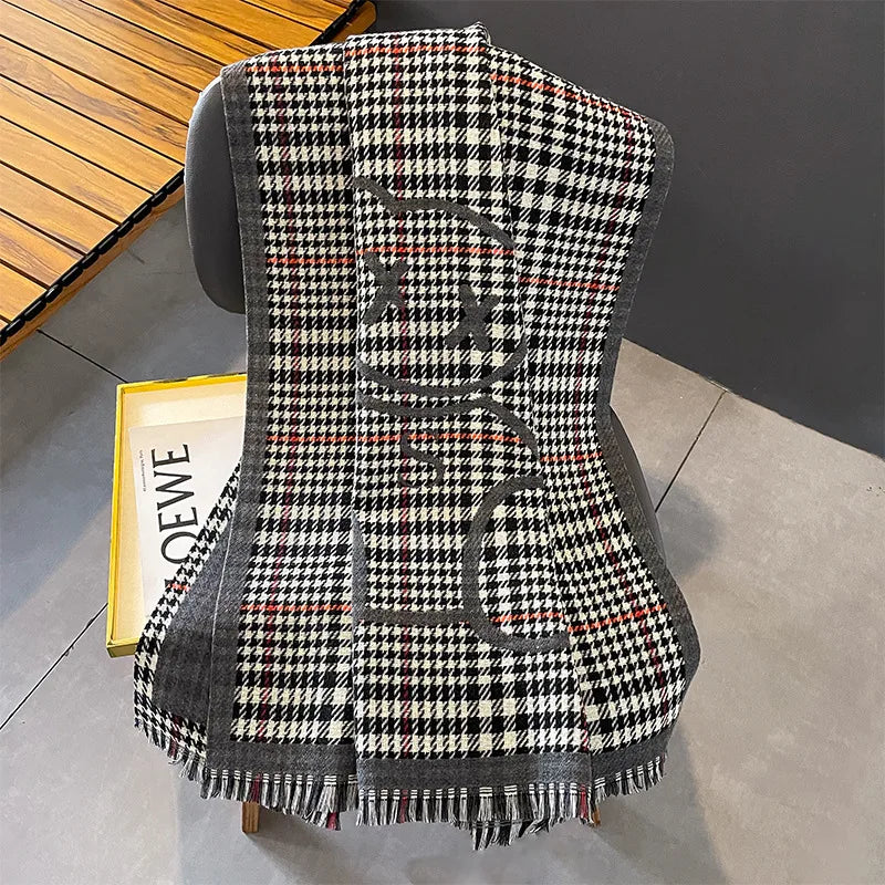 women's lady classic style plaid flower imitation cashmere scarf