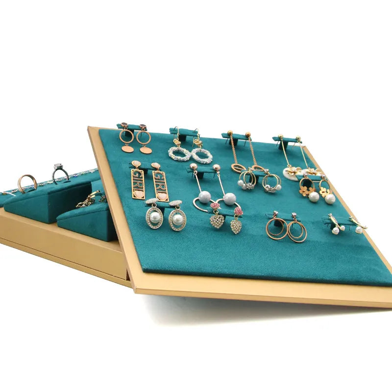 Retro European Style Jewelry Display Stand Set Green Super Suede Double-Sided Necklace Earring Bracelet Holder Velvet Stand