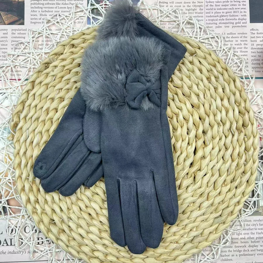 Women's Winter Touchscreen Gloves Rabbit Fur Lined Warm Suede Cycling Gloves Stylish Basic European Simple Design