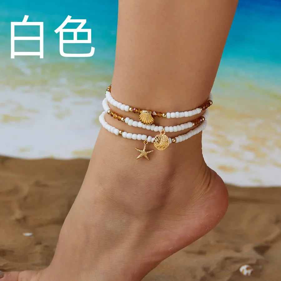 Bohemian starfish rice beads crystal anklet suit summer all-match beach rice beads shell multi-layer anklet wholesale