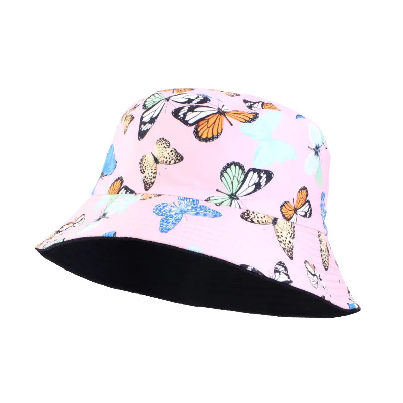 Double-Sided Wear Fisherman Hat Outdoor Travel Sunshade Cap Printed Bucket Hat Flat Top Hat Casual Elegant Women Style Summer Hat