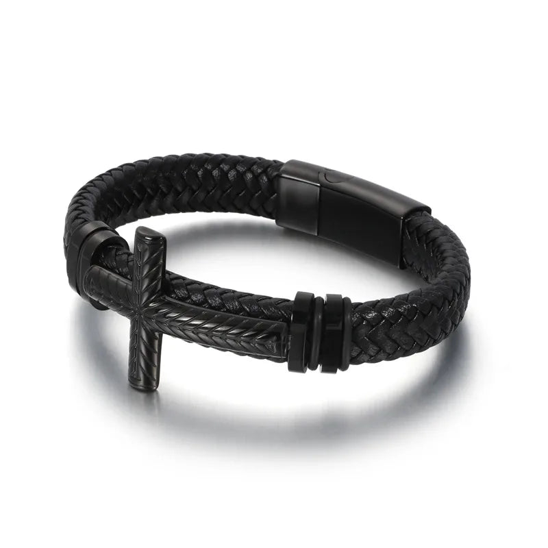 1 piece fashion cross cowhide titanium steel plating men's bangle