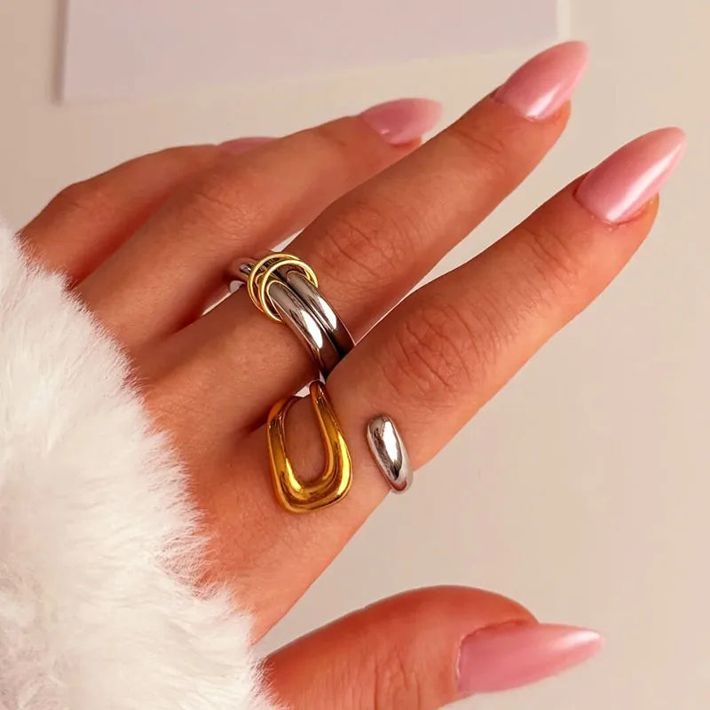 Wholesale Jewelry Elegant Simple Style Commute Geometric 316L Stainless Steel  18K Gold Plated Mixed Metal Open Rings Rings