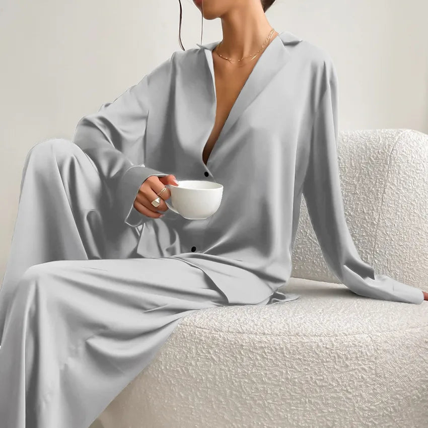 women's fashion solid color imitated silk polyester pants sets
