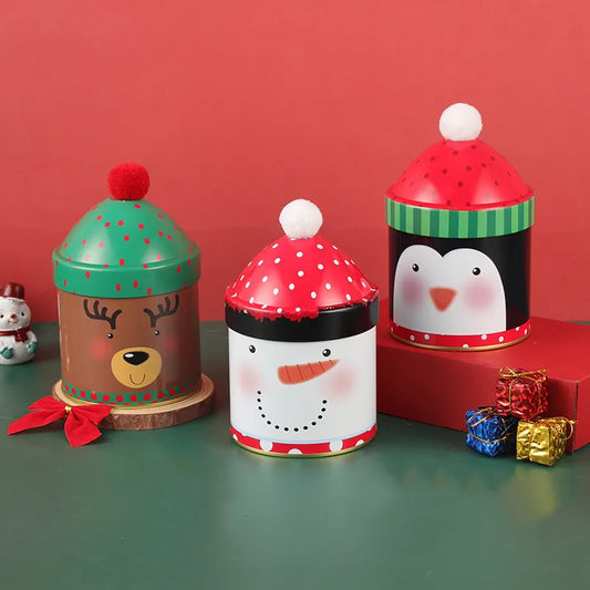 Adorable Christmas Candy Box Santa Claus Reindeer Snowman Storage Can Personalized Christmas Hat Iron Box Gift Packaging