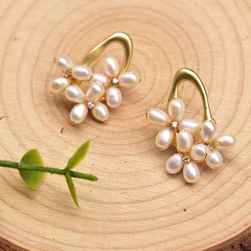 1 Pair 18K Gold Plated Freshwater Pearl Copper Zircon Flower Drop Earrings
