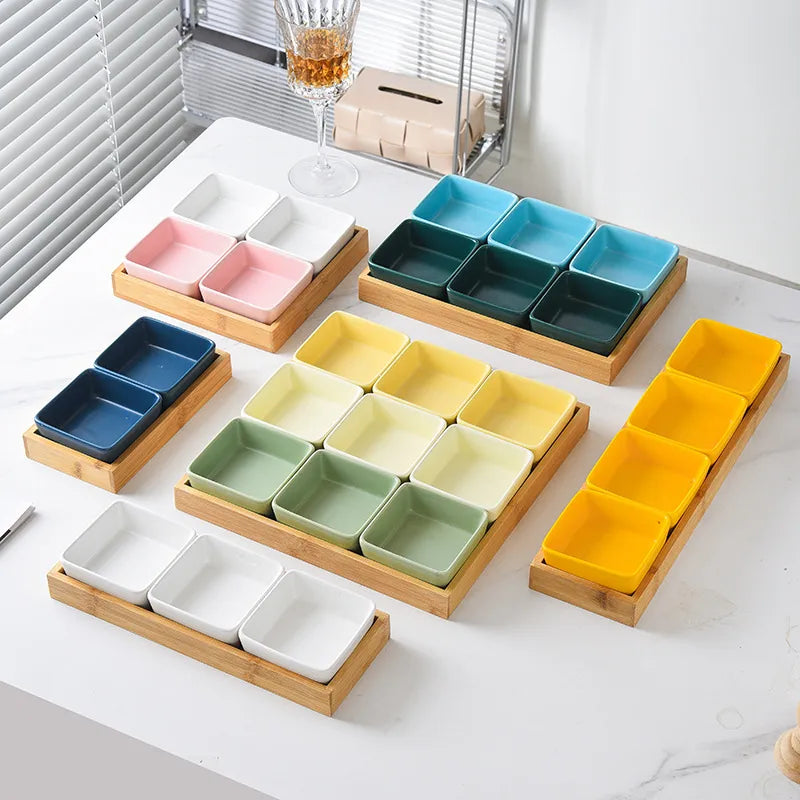 Nordic Ceramic Square Snack Bowl Platter Household Split Plate Snack Plate Hot Pot Sauce Plate Bamboo and Wooden Tray