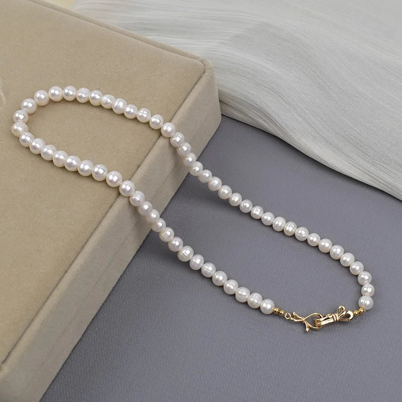 Natural Freshwater Pearl Necklace For Women 7mm Near Round White Bright Luster Screw Pearl Lightweight Clavicle Chain Necklace