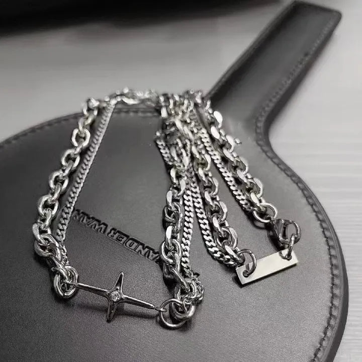 Hip-Hop Punk Geometric Alloy Men's Double Layer Necklaces Men Chain Necklaces