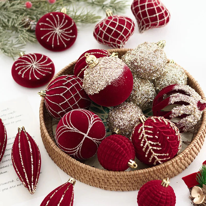 New Christmas Tree Decoration Balls Hanger Dark Red Wine Color Flocking Painted Christmas Balls Irregular Shape PVC Material