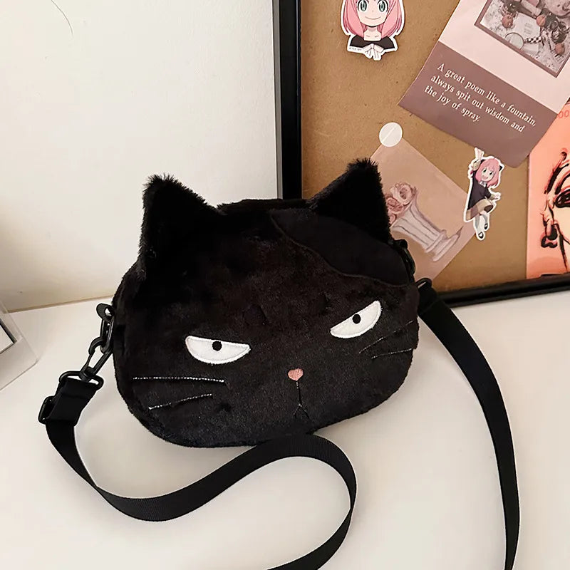 Cartoon Plush Black Cat Messenger Bag Women's  Spring New Cute Shoulder Bag Ugly Cute Girl Mobile Phone Bag
