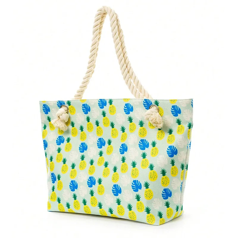 Women's Large Polyester Leaves Flower Classic Style Zipper beach bag