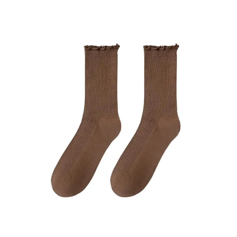Wooden ear socks women's mid-calf socks summer thin pile socks summer black white autumn stockings loafers fashion