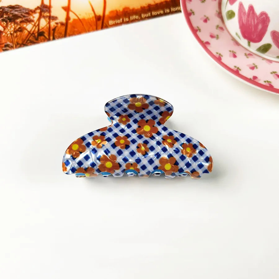 Retro PVC Floral Print Hair Claw New Elegance High-End Feeling Bun Shark Clip Small Flower Hair Clip Hair Accessories