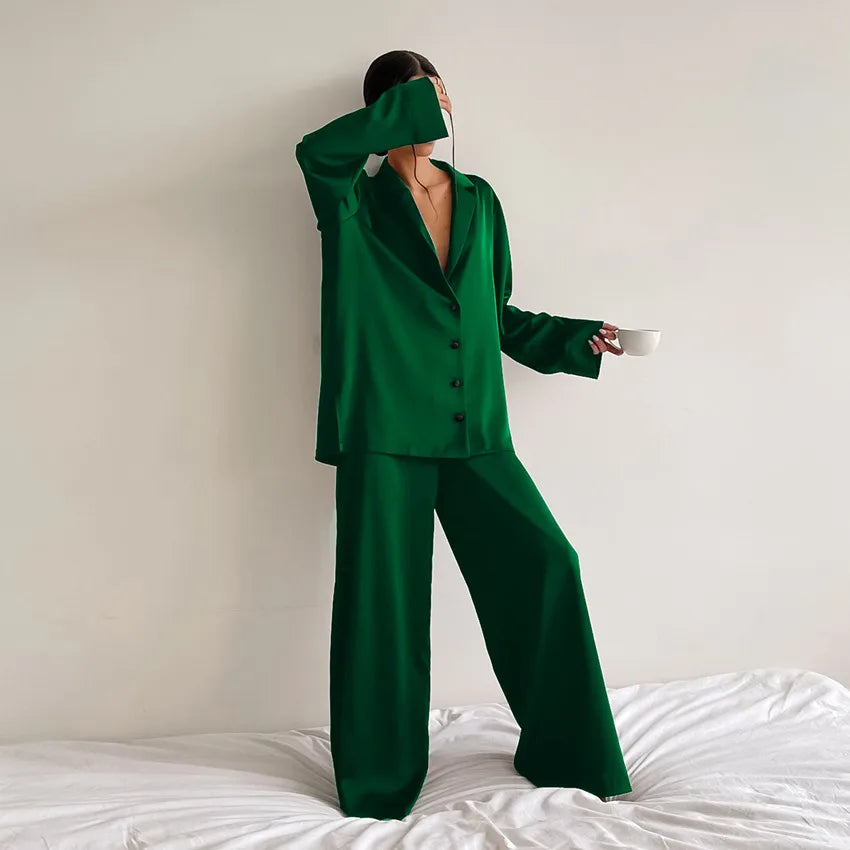 women's fashion solid color imitated silk polyester pants sets