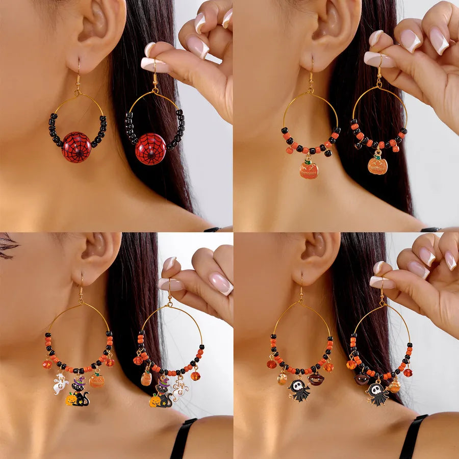 Cute Spooky Cat Ear Rings Halloween Party Ear Jewelry Design Women's Style Geometric Pattern Alloy Skull Pumpkin Earrings