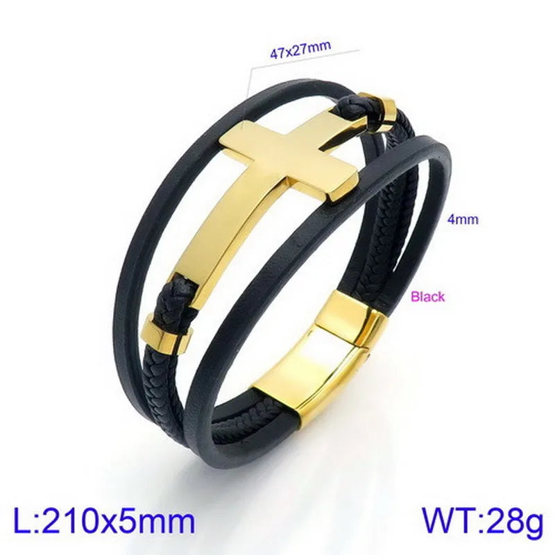 Hip-Hop Retro Cross Pu Leather Titanium Steel Plating 18K Gold Plated Men's Bracelets