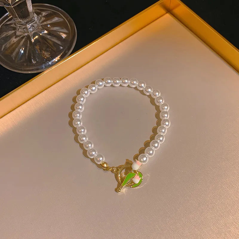 sweet flower bow knot imitation pearl women's bracelets