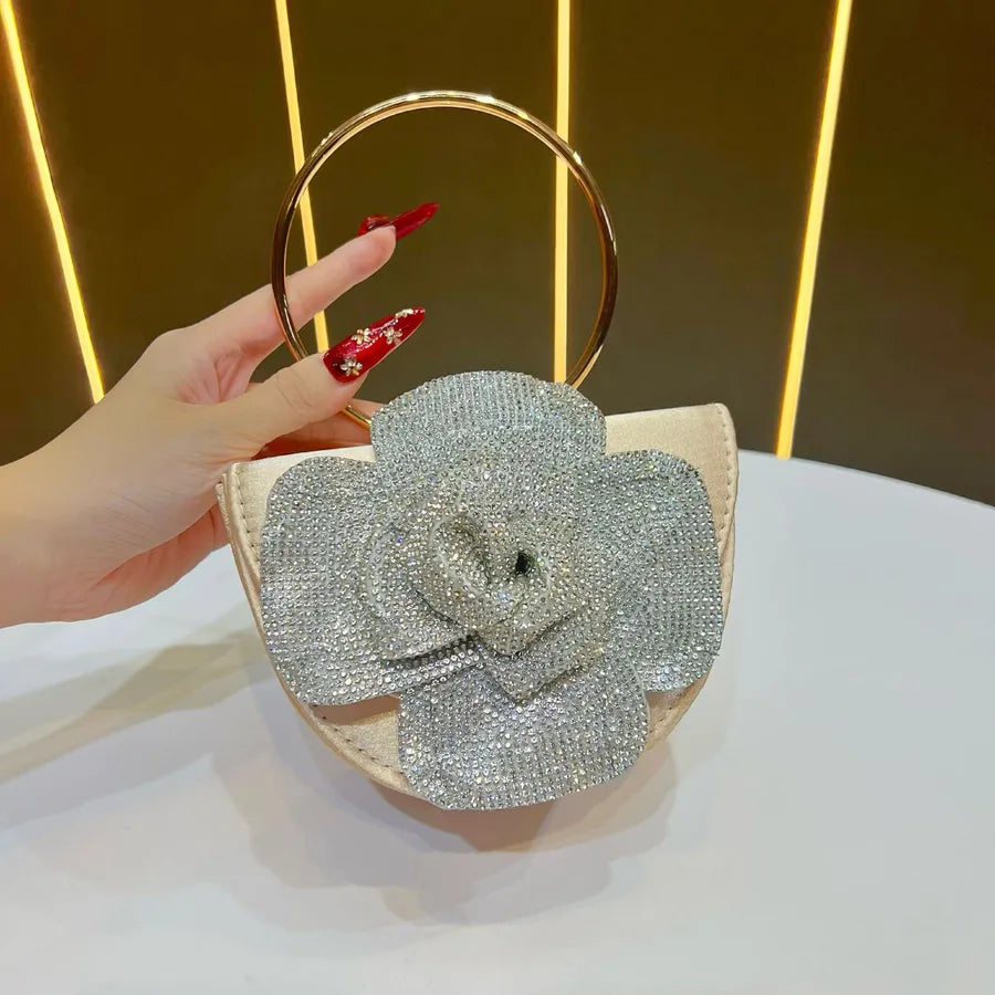 New Fashionable Tea Rose Shiny Handbag Women's Evening Bag Round Handle Shoulder Crossbody Bag For Banquet And Dinner