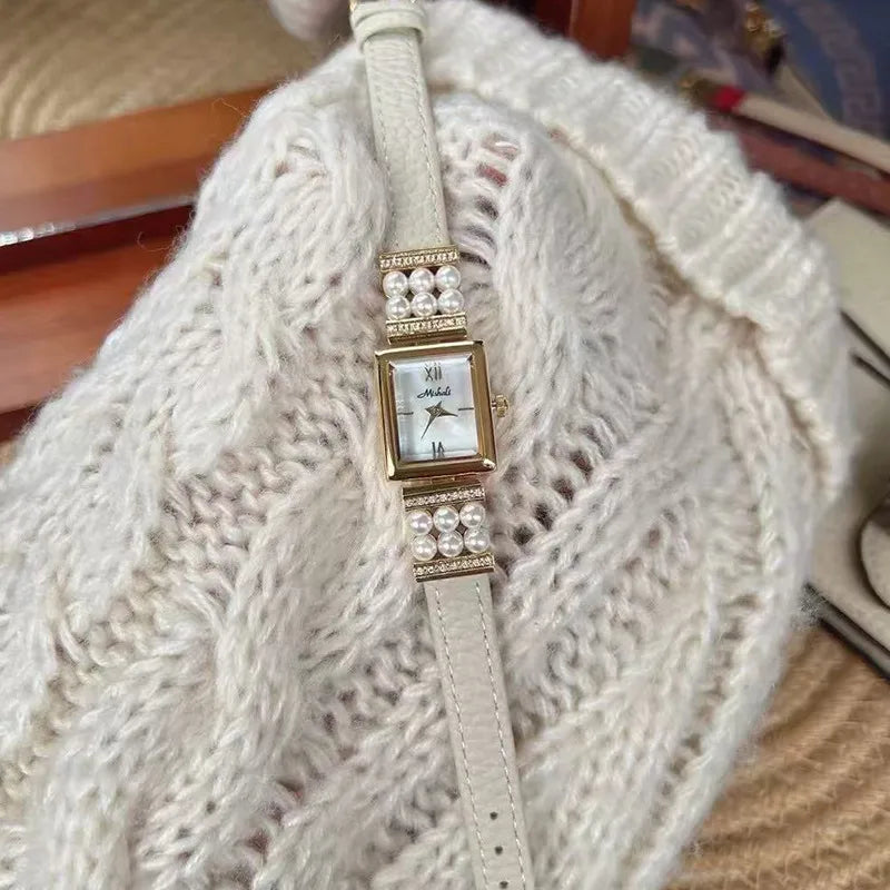 Luxurious Pearl Women's Watch Genuine Leather Strap Quartz Movement Square Face Fashionable Minimalist Design New  Model
