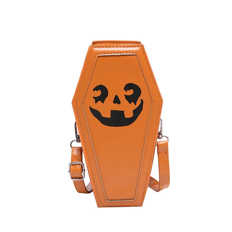Creative Ghost Print Halloween Women's Bag Single Shoulder Casket Shape Fashionable Pumpkin Patterned Square PU Handbag