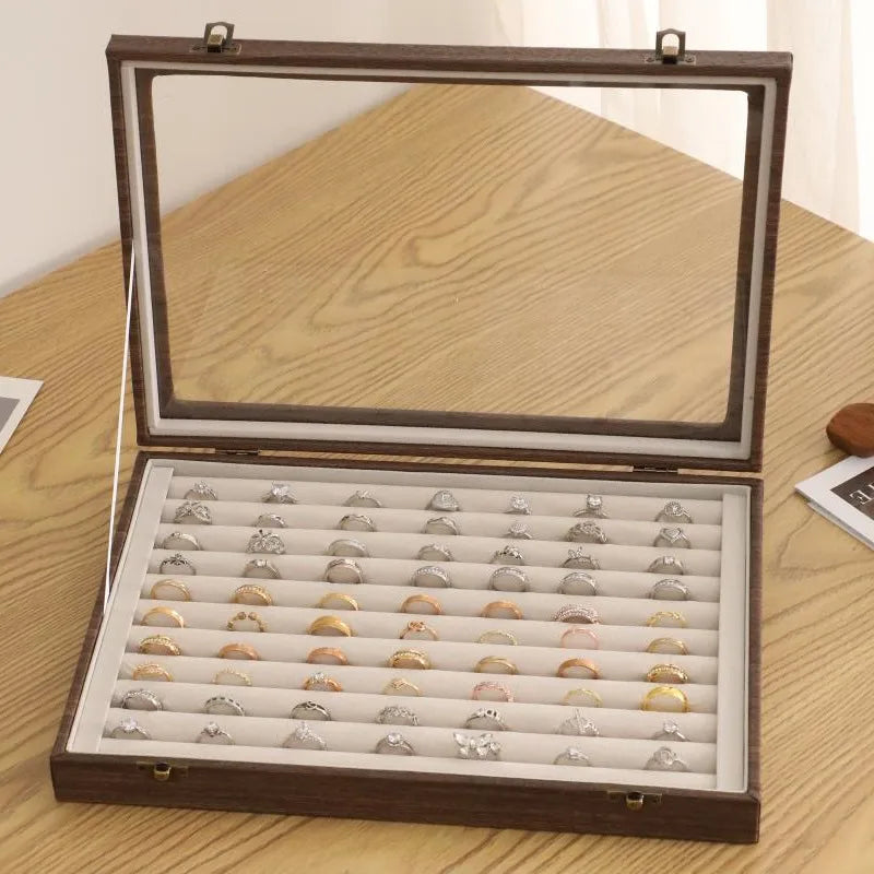 Retro Style Wooden Texture Leather Jewelry Box With Glass Lid Dustproof Storage For Rings Necklaces Bracelets Accessories Display