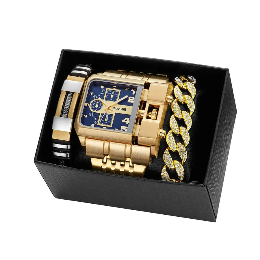 Business Color Block Folding Buckle Quartz Men's Watches Gift Set