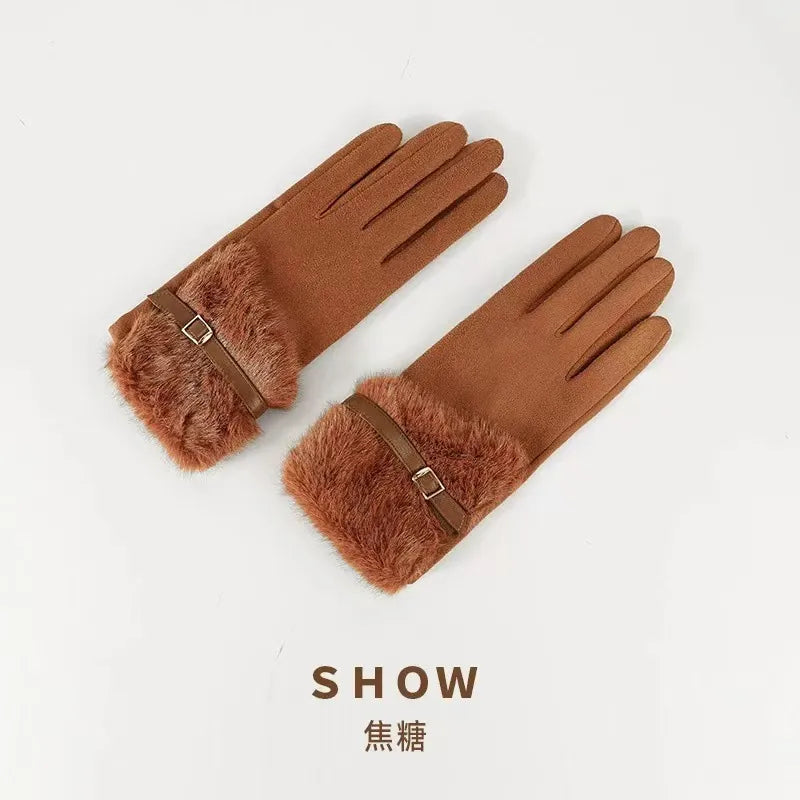 Warm Outdoor Suede Gloves Women's Winter Fashionable Windproof Cold-resistant Faux Fur Edged Gloves Bulk Shipping Available