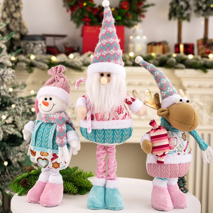 New Christmas Decoration Pink Santa Claus Snowman Extendable Dolls Display Window Arrangement Festive Polyester And Cotton Decor