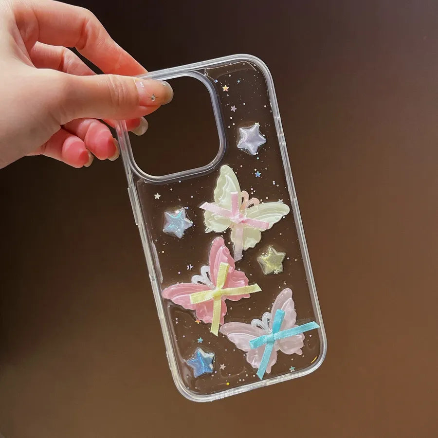 Trendy Butterfly Knot Silk Ribbon Phone Case For iPhone 16 Apple 15/14 Pro Max Women's 13 Silicone Transparent Color Drip Glue