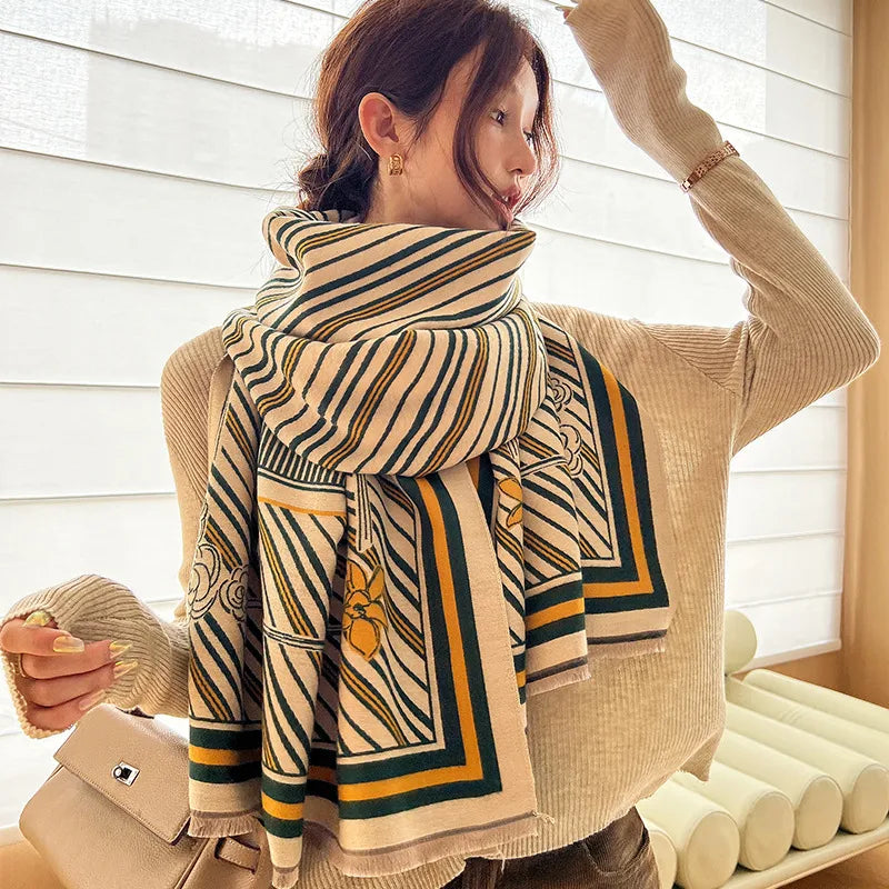 women's elegant simple style stripe flower imitation cashmere scarf