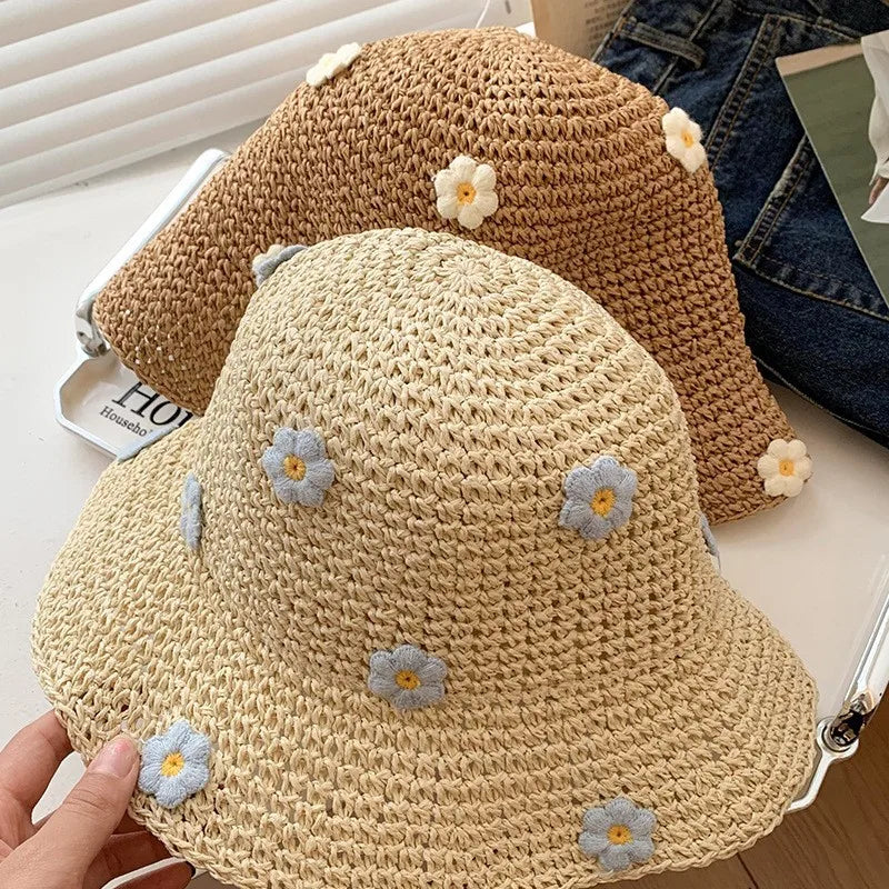 Summer Floral Straw Hat Foldable Sunscreen Fishing Cap Vacation Style Outing Hollow Weave Women's Hat Spring Season Print Design
