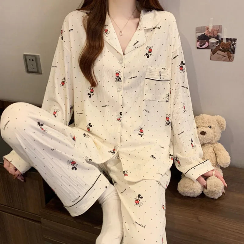 Spring Edition Pleated Fabric Sleepwear Long Sleeve Home Clothes Set For Women Sweet Cute Style Casual Breathable Polyester Milk Silk