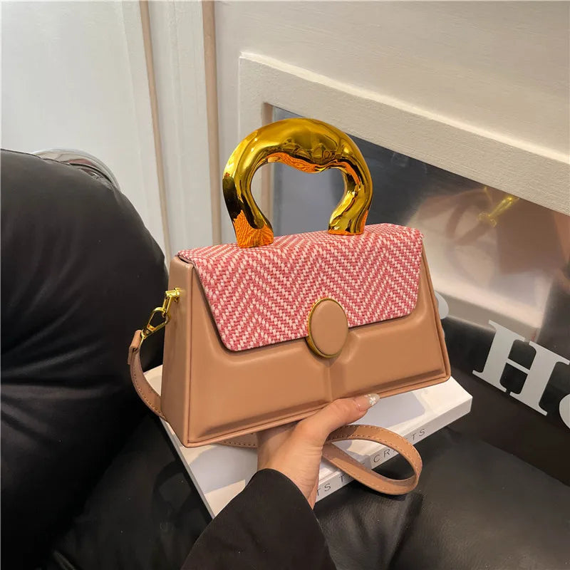 Women's Small Pu Leather Stripe Classic Style Square Magnetic Buckle Handbag Crossbody Bag