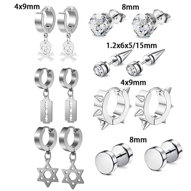 punk round stainless steel inlay zircon earrings 1 set