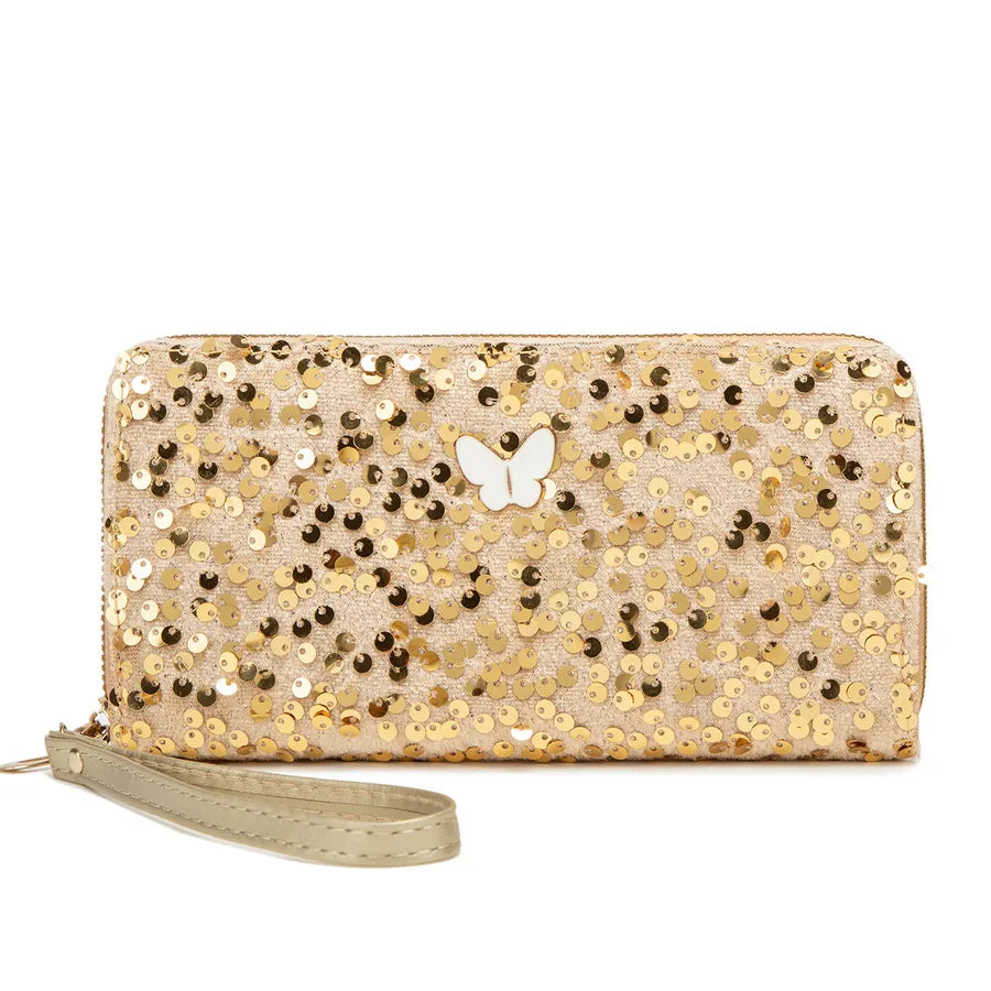 Ladies Glitter Clutch Bag Simple Butterfly Decoration Long Wallet Coin Purse Fashionable Elegant Square Shape Sparkling Bag