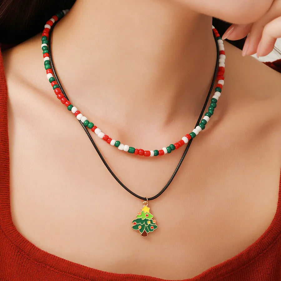 Christmas Themed Double Layered Necklace With Santa Claus Design Glass Beads Clavicle Chain Jewelry Accessory For Unisex Use