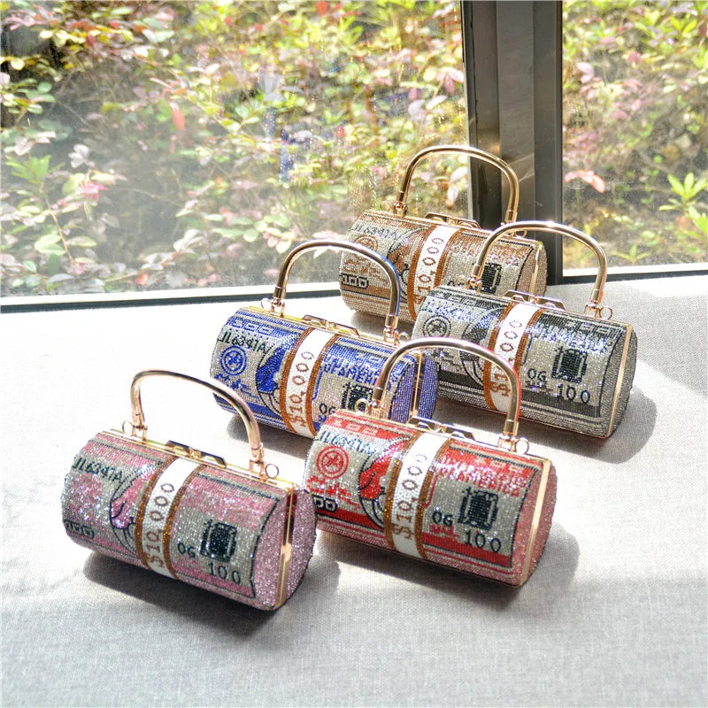 Red Blue Pink Cotton Rhinestone Rubber Drill Color Block Cylindrical Evening Bags
