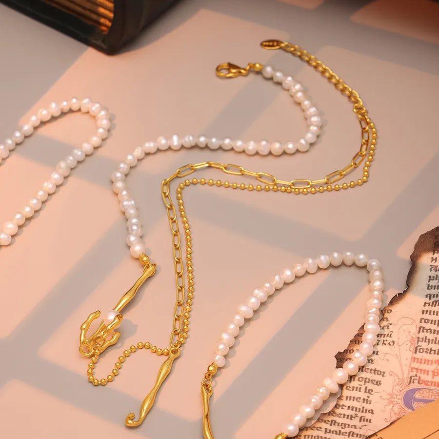 Freshwater Pearl Titanium Steel Ion Plating (IP) Beaded Chain ball chain Geometric Necklace