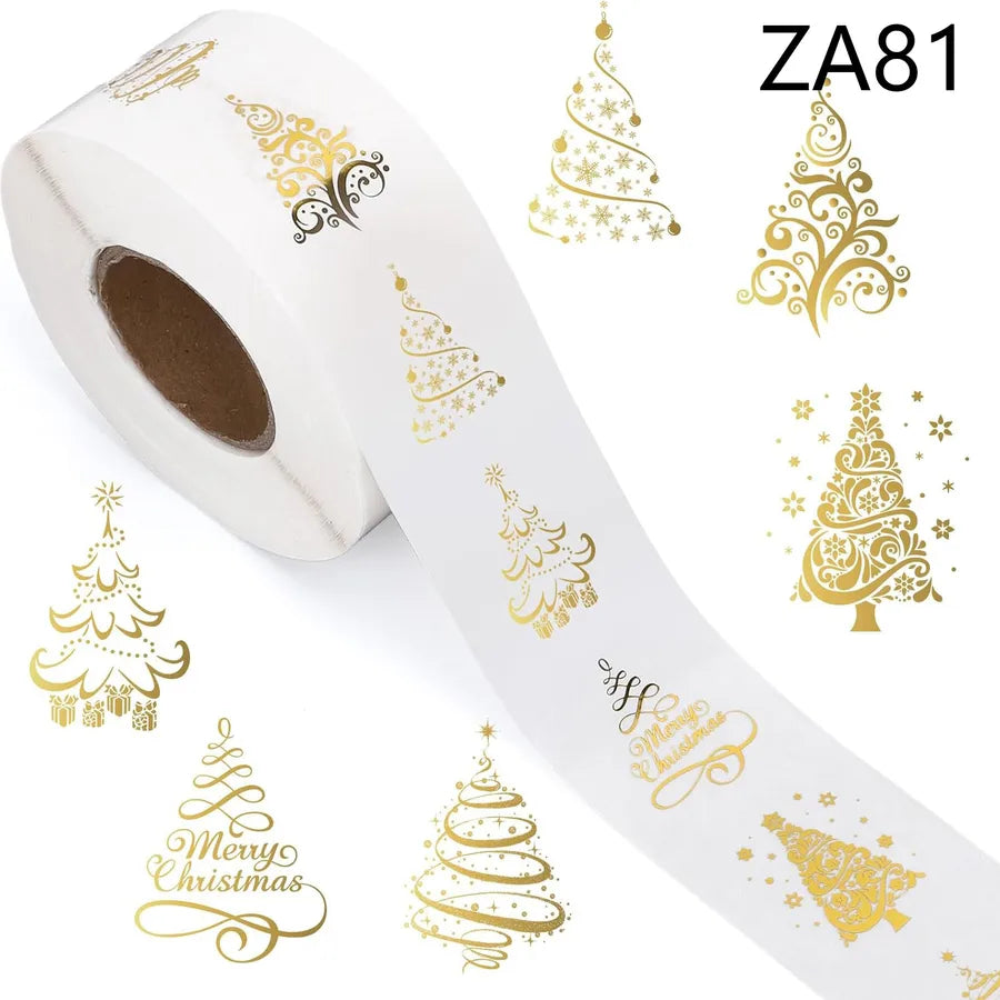 Gold Foil Christmas Stickers Roll Self Adhesive Sealing Labels Envelope Invitation Card Gift Wrapping Paper Transparent 500pcs