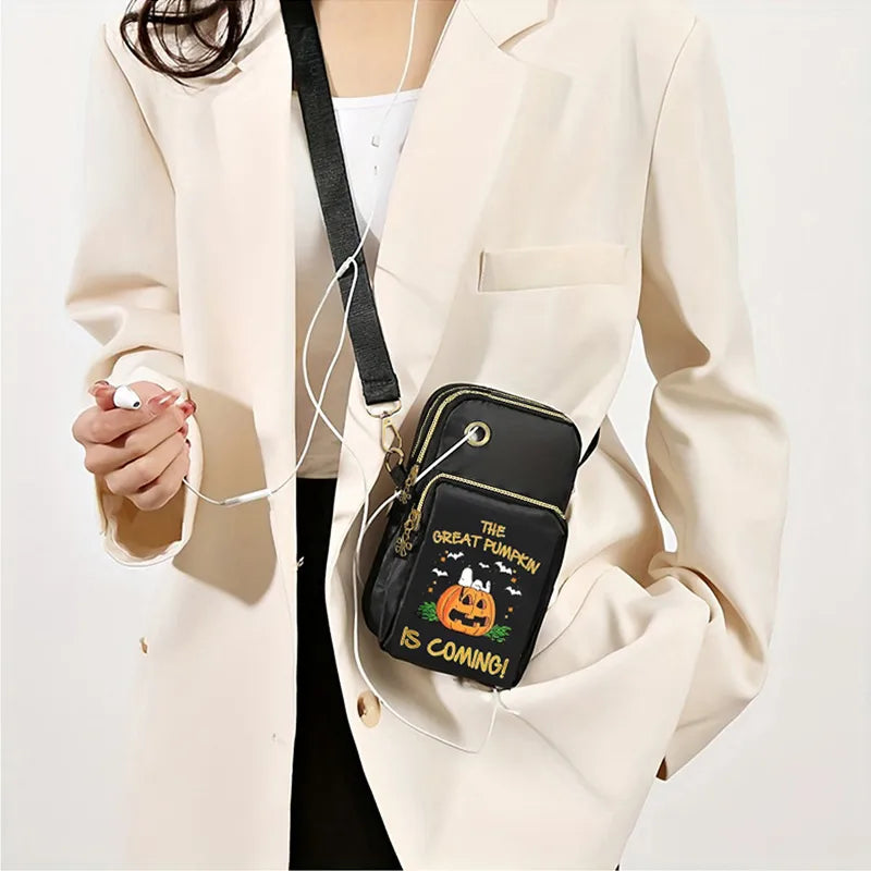 Mini Halloween Pumpkin Pattern Crossbody Bag Neck Hanging Single Shoulder Bag For Men And Women Outdoor Travel Nylon Square Bag